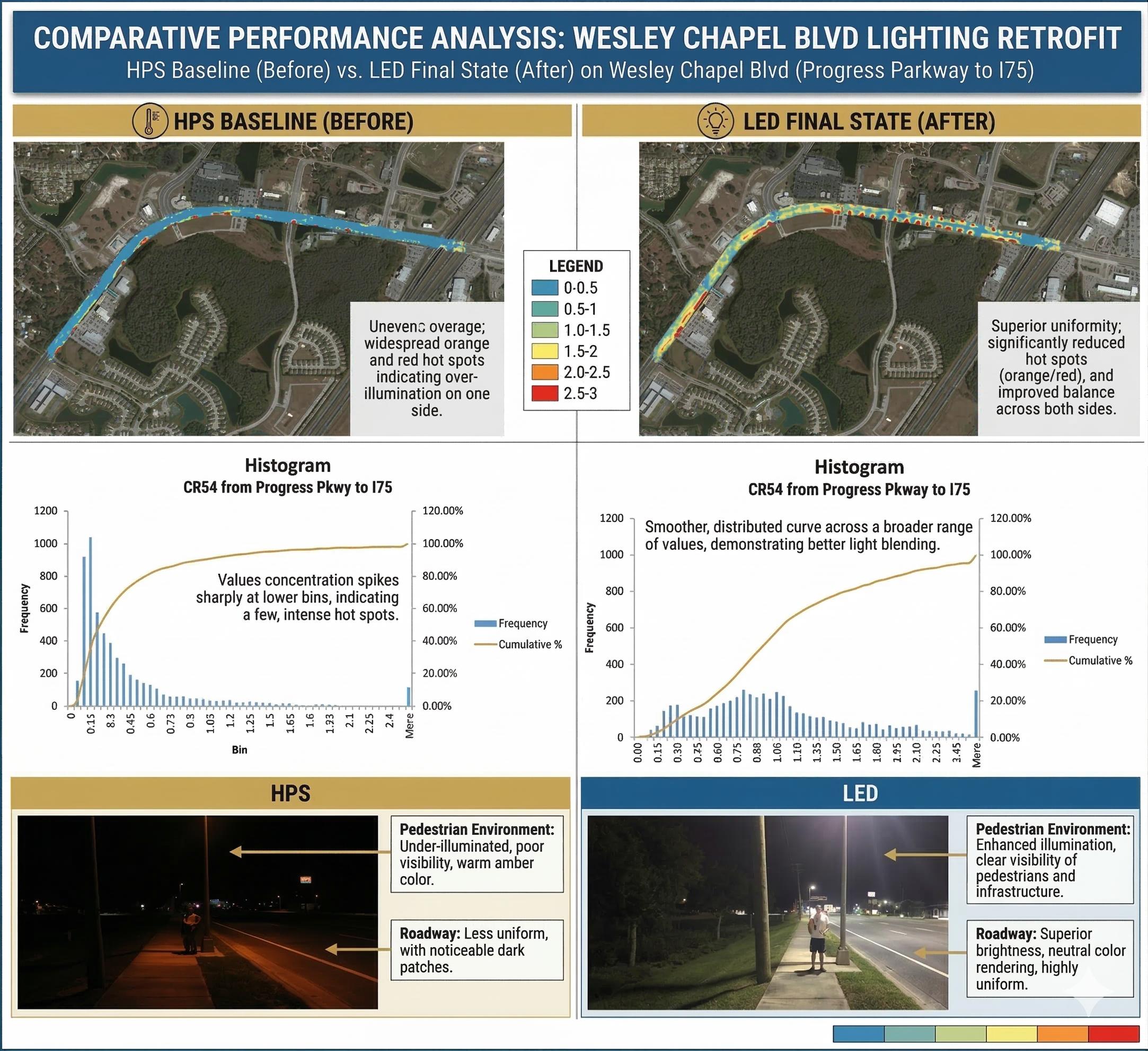 Chart comparing performance metrics between traditional HPS lighting and modern LED retrofits