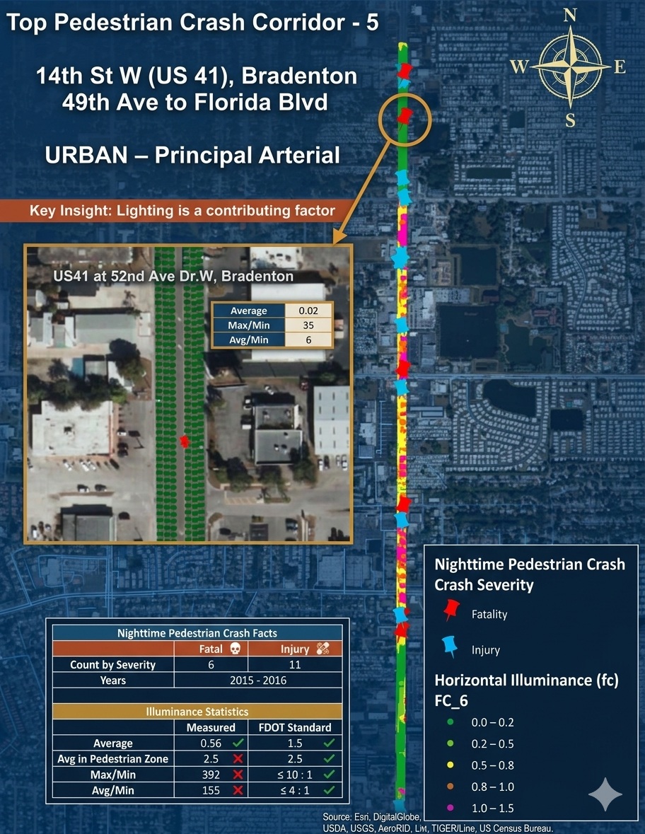 Analysis of lighting conditions at a specific pedestrian crash location to determine environmental factors
